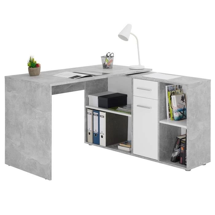 Eckschreibtisch DIEGO Mit Regal In Betonoptik/weiß 1 Eckschreibtisch DIEGO Mit Regal In Betonoptik/weiß
