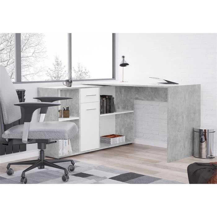 Eckschreibtisch DIEGO Mit Regal In Betonoptik/weiß 2 Eckschreibtisch DIEGO Mit Regal In Betonoptik/weiß – Bild 2
