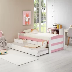 Bett Mit Stauraum JESSY 90x190 Cm, Mit Ausziehbett In Weiß/rosa -Berühmt Möbel 5057 AC0