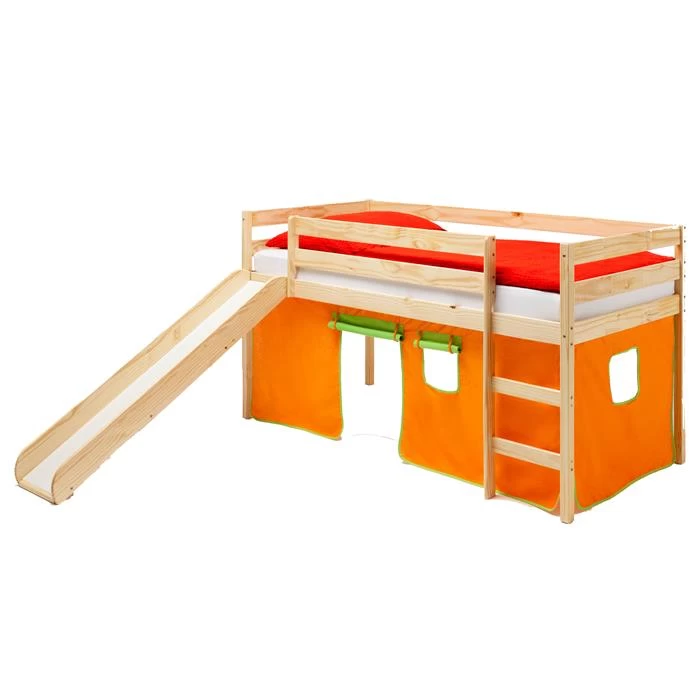Hochbett Mit Rutsche BENNY Natur, Vorhang In Orange 1 Hochbett Mit Rutsche BENNY Natur, Vorhang In Orange