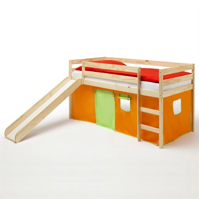 Hochbett Mit Rutsche BENNY Natur, Vorhang In Orange 2 Hochbett Mit Rutsche BENNY Natur, Vorhang In Orange – Bild 2