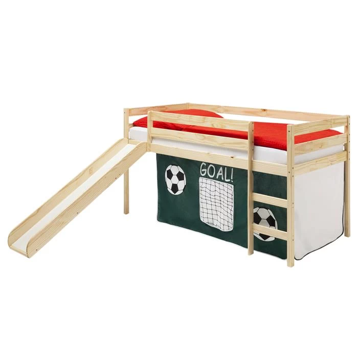 Hochbett Mit Rutsche BENNY Natur, Vorhang Fußball 1 Hochbett Mit Rutsche BENNY Natur, Vorhang Fußball