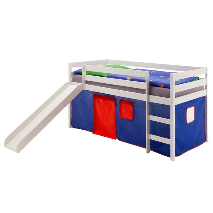 Hochbett Mit Rutsche BENNY Weiß, Vorhang Blau 1 Hochbett Mit Rutsche BENNY Weiß, Vorhang Blau