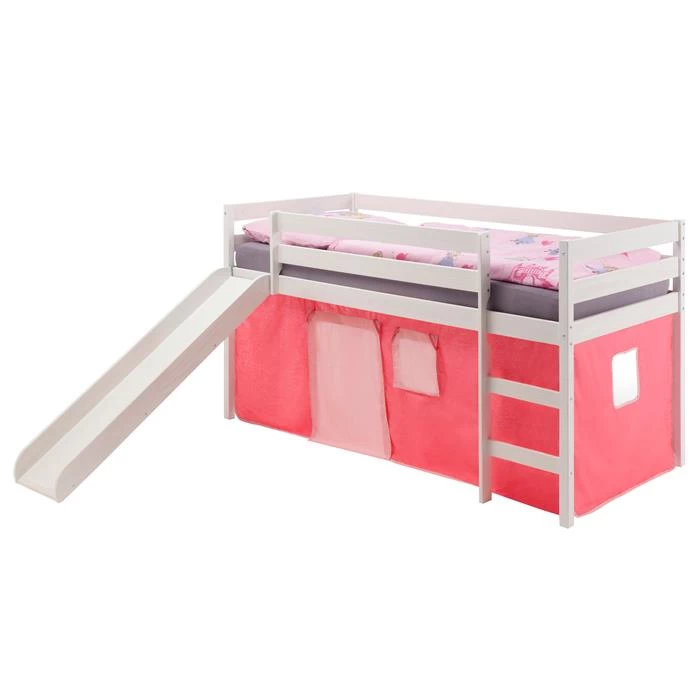 Hochbett Mit Rutsche BENNY Weiß, Vorhang Rosa 1 Hochbett Mit Rutsche BENNY Weiß, Vorhang Rosa