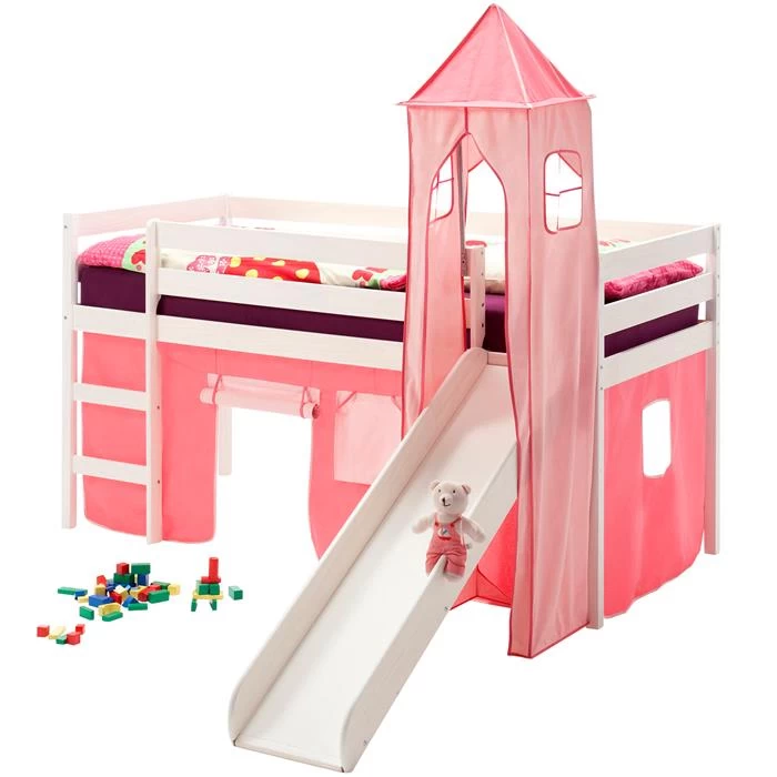 Hochbett Mit Rutsche BENNY, Vorhang U.Turm Pink 1 Hochbett Mit Rutsche BENNY, Vorhang U.Turm Pink