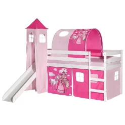 Hochbett Mit Rutsche BENNY Weiß, Vorhang, Turm U. Tunnel PRINZESSIN Pink/rosa