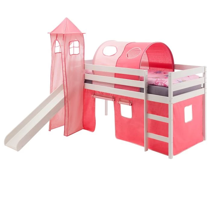 Hochbett Mit Rutsche BENNY, Vorhang Pink/rosa 1 Hochbett Mit Rutsche BENNY, Vorhang Pink/rosa