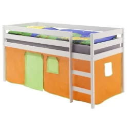 Hochbett ERIK In Weiß Mit Vorhang Orange/grün