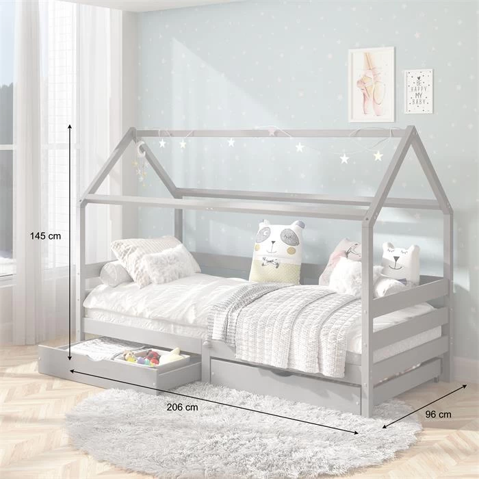 Hausbett CLIA In 90 X 200 Cm Aus Massiver Kiefer Mit 2 Schubladen In Grau 3 Hausbett CLIA In 90 X 200 Cm Aus Massiver Kiefer Mit 2 Schubladen In Grau – Bild 3