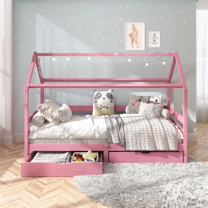 Hausbett CLIA In 90 X 200 Cm Aus Massiver Kiefer Mit 2 Schubladen In Rosa 2 Hausbett CLIA In 90 X 200 Cm Aus Massiver Kiefer Mit 2 Schubladen In Rosa – Bild 2