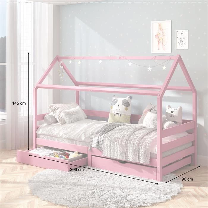 Hausbett CLIA In 90 X 200 Cm Aus Massiver Kiefer Mit 2 Schubladen In Rosa 3 Hausbett CLIA In 90 X 200 Cm Aus Massiver Kiefer Mit 2 Schubladen In Rosa – Bild 3