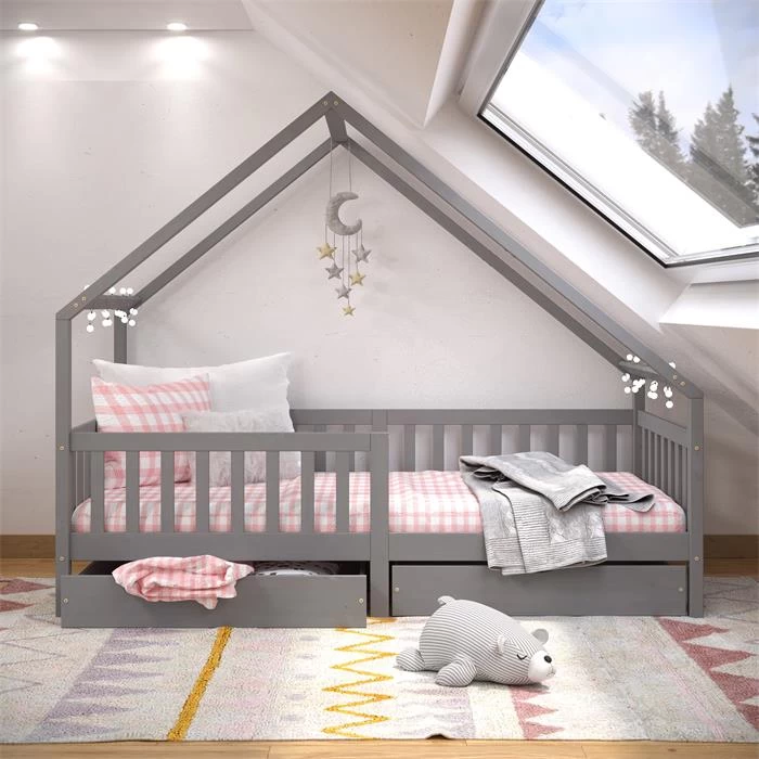 Hausbett ALVA In 90 X 200 Cm Aus Massiver Kiefer Mit Schubladen In Grau 2 Hausbett ALVA In 90 X 200 Cm Aus Massiver Kiefer Mit Schubladen In Grau – Bild 2