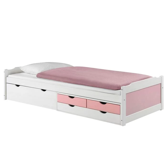 Bett Mit Stauraum ANDREA 90 X200 Cm Aus Kiefer In Weiss/rosa 1 Bett Mit Stauraum ANDREA 90 X200 Cm Aus Kiefer In Weiss/rosa