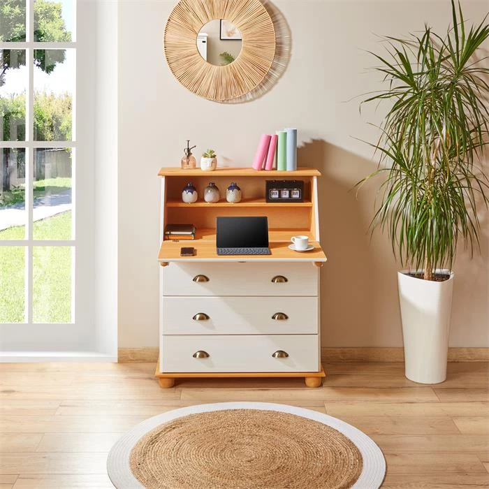 Sekretär GOMES Mit 3 Schubladen Und 2 Fächer Aus Kiefer Weiß/braun 2 Sekretär GOMES Mit 3 Schubladen Und 2 Fächer Aus Kiefer Weiß/braun – Bild 2