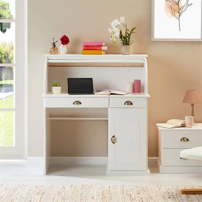 Sekretär TOM Mit 2 Schubladen, Rollladen Und 1 Tür Aus Massiver Kiefer In Weiß 2 Sekretär TOM Mit 2 Schubladen, Rollladen Und 1 Tür Aus Massiver Kiefer In Weiß – Bild 2