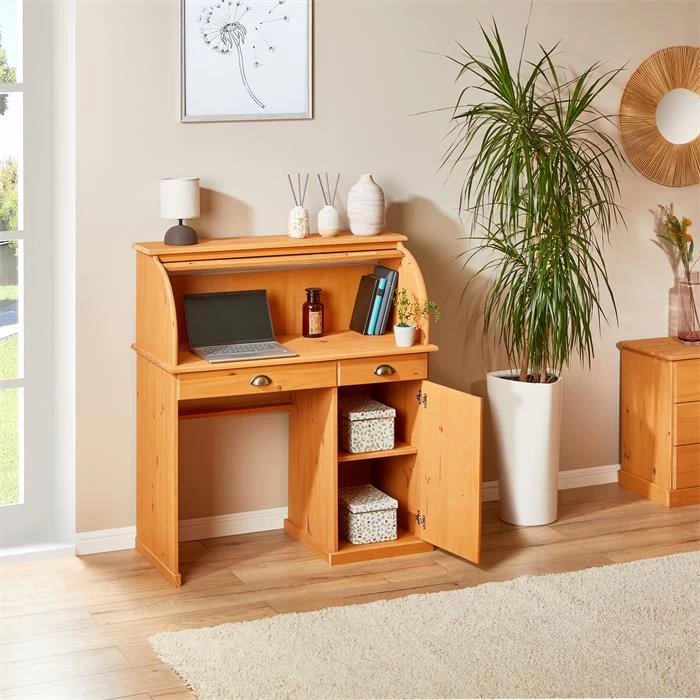 Sekretär TOM Mit 2 Schubladen, Rollladen Und 1 Tür Aus Massiver Kiefer Gebeizt 3 Sekretär TOM Mit 2 Schubladen, Rollladen Und 1 Tür Aus Massiver Kiefer Gebeizt – Bild 3