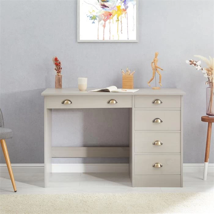 Schreibtisch LANA Aus Kiefer In Grau Mit 5 Schubladen Und Muschelgriffen 2 Schreibtisch LANA Aus Kiefer In Grau Mit 5 Schubladen Und Muschelgriffen – Bild 2