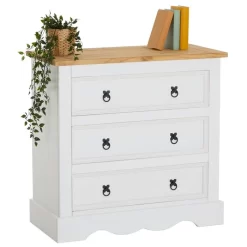 Kommode TEQUILA, Kiefer Massiv Weiß/braun, Mit 3 Schubladen, Mexiko