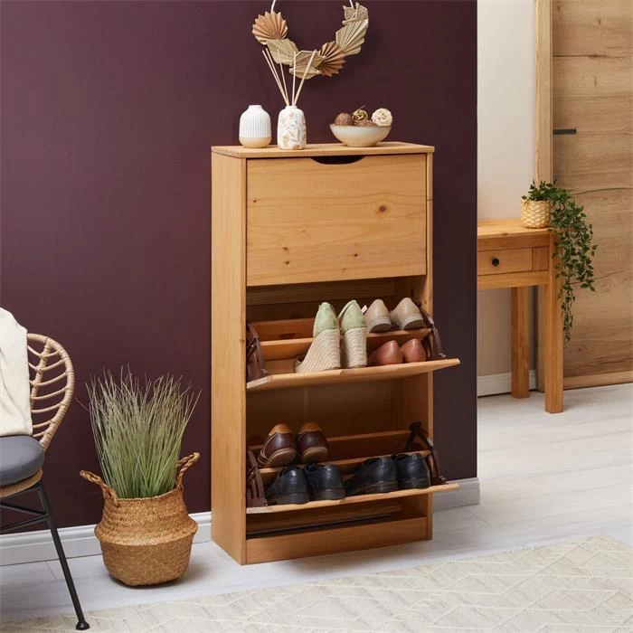 Schuhschrank BASIL Mit 3 Kipper In Braun, Kiefer Massiv 2 Schuhschrank BASIL Mit 3 Kipper In Braun, Kiefer Massiv – Bild 2