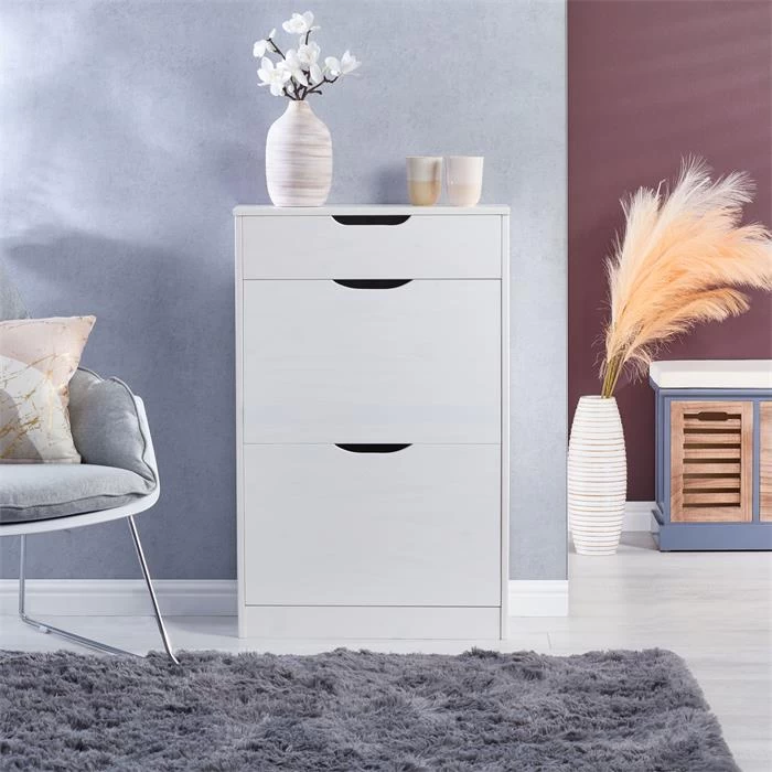 Schuhkipper BASIL Mit 2 Kipper Und 1 Schublade In Weiß, Kiefer Massiv 3 Schuhkipper BASIL Mit 2 Kipper Und 1 Schublade In Weiß, Kiefer Massiv – Bild 3