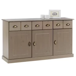 Sideboard PARIS Aus Massiver Kiefer In Taupe Mit 3 Schubladen Und Türen