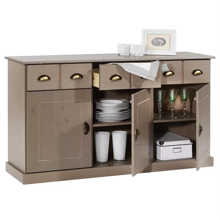 Sideboard PARIS Aus Massiver Kiefer In Taupe Mit 3 Schubladen Und Türen 3 Sideboard PARIS Aus Massiver Kiefer In Taupe Mit 3 Schubladen Und Türen – Bild 3