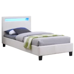 Polsterbett HIMALAYA 90x200 Cm, LED Beleuchtung, Stoff Weiß