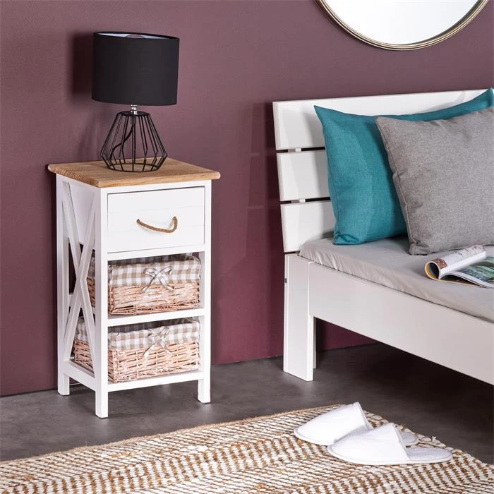 Nachttisch PERUGIA Mit 1 Schublade Und 2 Körben, Weiß 2 Nachttisch PERUGIA Mit 1 Schublade Und 2 Körben, Weiß – Bild 2