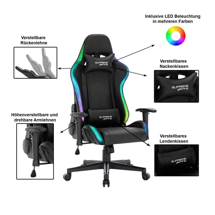 Gamingstuhl SKILLS Bezug Aus Lederimitat In Schwarz, Mit LED Beleuchtung 2 Gamingstuhl SKILLS Bezug Aus Lederimitat In Schwarz, Mit LED Beleuchtung – Bild 2