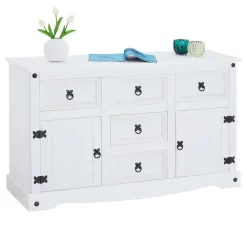 Mexico Sideboard RURAL Kiefer Massiv Mit 5 Schubladen Und 2 Türen In Weiß
