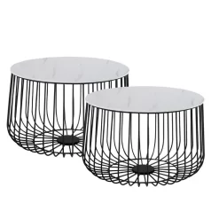 Couchtisch PADOVA 2er Set Marmor Weiß, Metallkörbe Mit Deckel