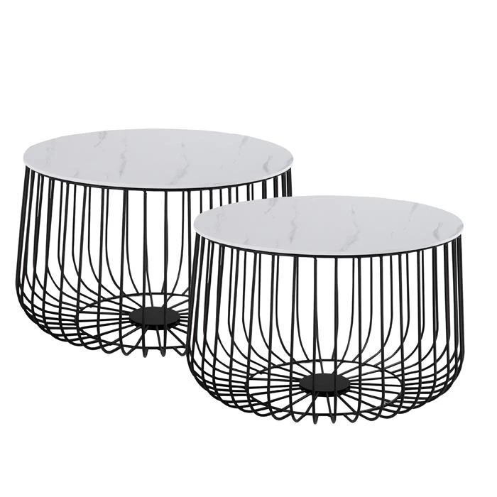 Couchtisch PADOVA 2er Set Marmor Weiß, Metallkörbe Mit Deckel 1 Couchtisch PADOVA 2er Set Marmor Weiß, Metallkörbe Mit Deckel