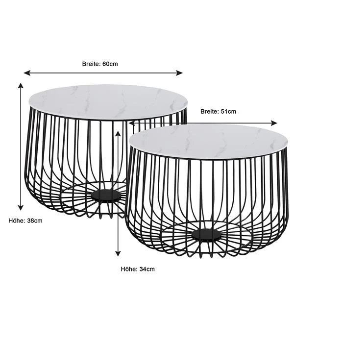 Couchtisch PADOVA 2er Set Marmor Weiß, Metallkörbe Mit Deckel 4 Couchtisch PADOVA 2er Set Marmor Weiß, Metallkörbe Mit Deckel – Bild 4