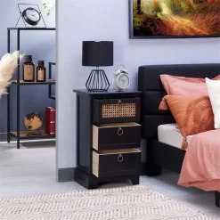 Nachttisch RAJA Mit 3 Schubladen Und Wiener Geflecht, Schwarz -Berühmt Möbel 95339 AC2