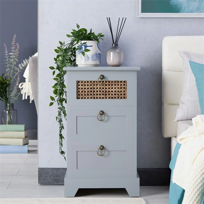 Nachttisch RAJA Mit 3 Schubladen Und Wiener Geflecht, Grau 2 Nachttisch RAJA Mit 3 Schubladen Und Wiener Geflecht, Grau – Bild 2