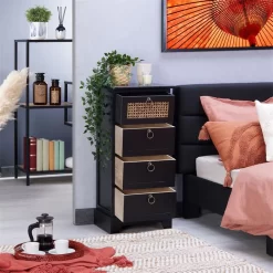 Nachttisch VANIKA Mit 4 Schubladen Und Wiener Geflecht, Schwarz -Berühmt Möbel 95342 AC2