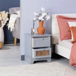 Nachttisch RANI Mit 2 Schubladen Und Wiener Geflecht, Grau -Berühmt Möbel 95346 AC2