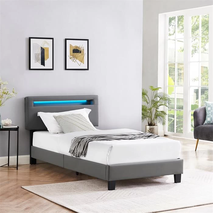 Polsterbett BENITO 90x200 Cm, LED Beleuchtung, Kunstleder Grau 2 Polsterbett BENITO 90x200 Cm, LED Beleuchtung, Kunstleder Grau – Bild 2
