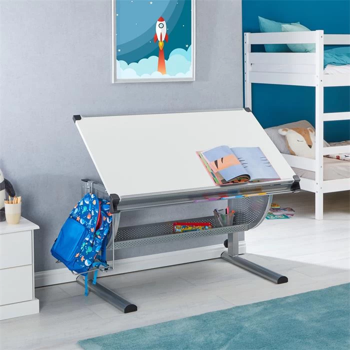 Kinderschreibtisch SARI, Neigbar Und Höhenverstellbar In Weiß/alu 2 Kinderschreibtisch SARI, Neigbar Und Höhenverstellbar In Weiß/alu – Bild 2