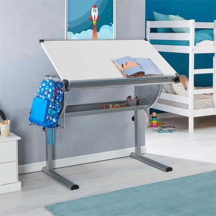 Kinderschreibtisch SARI, Neigbar Und Höhenverstellbar In Weiß/alu 4 Kinderschreibtisch SARI, Neigbar Und Höhenverstellbar In Weiß/alu – Bild 4
